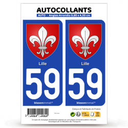 2 Autocollants plaque immatriculation 59 Lille - Blason