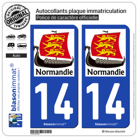 2 Autocollants plaque immatriculation Auto 14 Normandie - Drakkar 3 Léopards