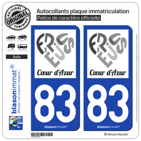 2 Autocollants plaque immatriculation Auto 83 Fréjus - Coeur d'Azur