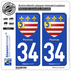 2 Autocollants plaque immatriculation Auto 34 Pézenas - Armoiries