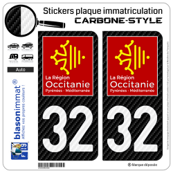 2 Stickers plaque immatriculation Auto 32 Occitanie - LT Carbone-Style