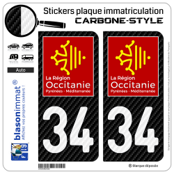 2 Stickers plaque immatriculation Auto 34 Occitanie - LT Carbone-Style