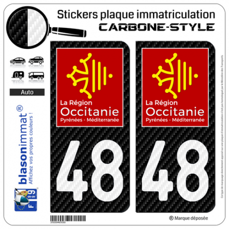 2 Stickers plaque immatriculation Auto 48 Occitanie - LT Carbone-Style