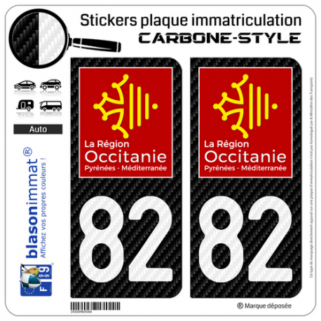 2 Stickers plaque immatriculation Auto 82 Occitanie - LT Carbone-Style