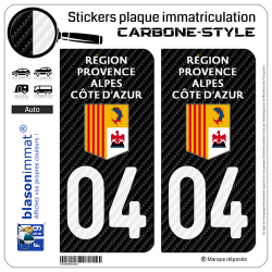 2 Stickers plaque immatriculation Auto 04 Région Sud - LT Carbone-Style