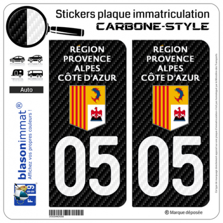 2 Stickers plaque immatriculation Auto 05 Région Sud - LT Carbone-Style