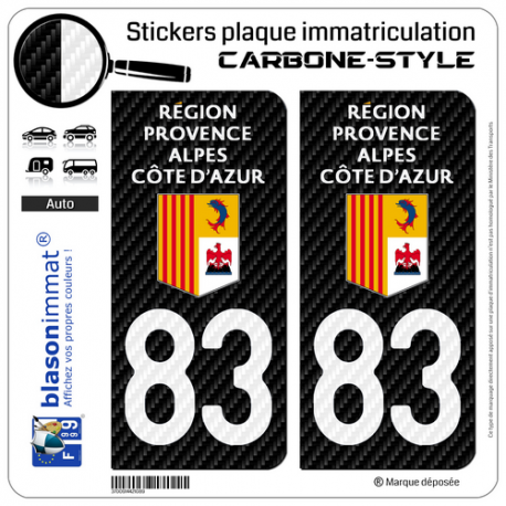 2 Stickers plaque immatriculation Auto 83 Région Sud - LT Carbone-Style