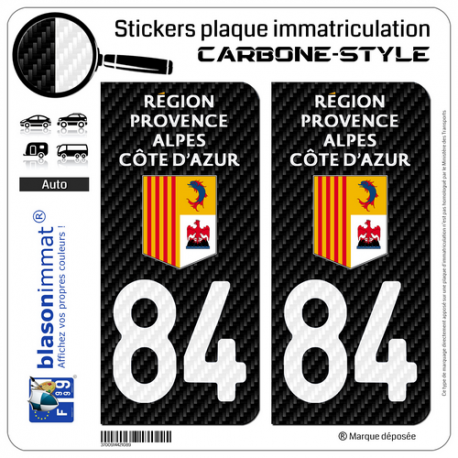 2 Stickers plaque immatriculation Auto 84 Région Sud - LT Carbone-Style