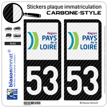 2 Stickers plaque immatriculation Auto 53 Pays de la Loire - LT Carbone-Style