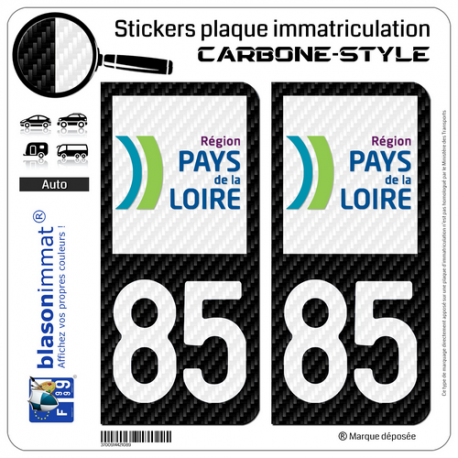 2 Stickers plaque immatriculation Auto 85 Pays de la Loire - LT Carbone-Style