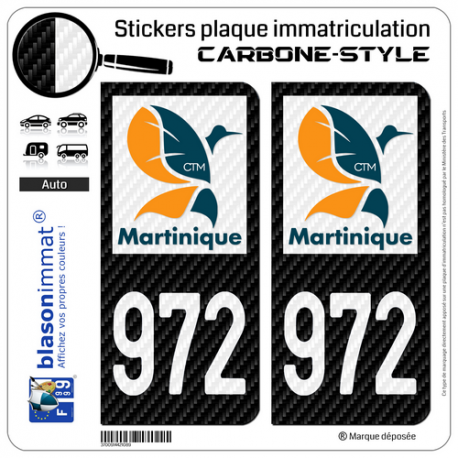 2 Stickers plaque immatriculation Auto 972-H Martinique - LT II Carbone-Style