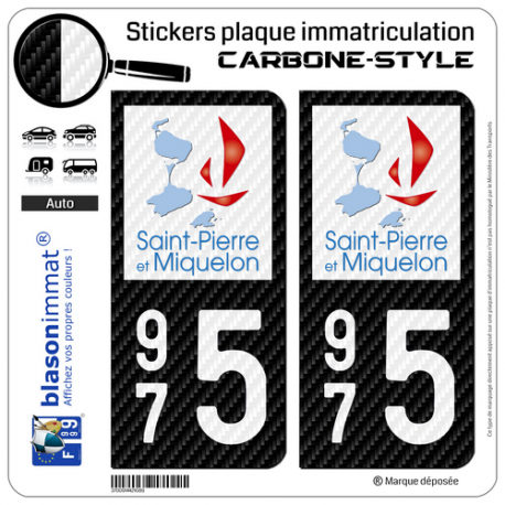 2 Stickers plaque immatriculation Auto 975 Saint-Pierre et Miquelon - COM Carbone-Style