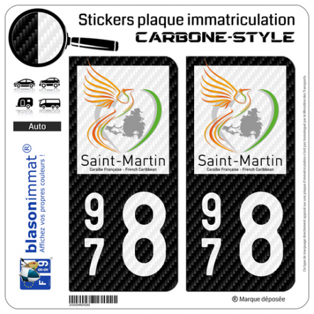 2 Stickers plaque immatriculation Auto 978 Saint-Martin - COM Carbone-Style