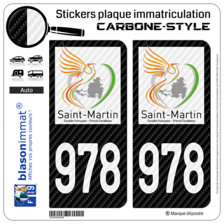 2 Stickers plaque immatriculation Auto 978-H Saint-Martin - COM Carbone-Style