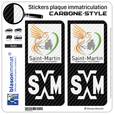 2 Stickers plaque immatriculation Auto SXM Saint-Martin - COM Carbone-Style