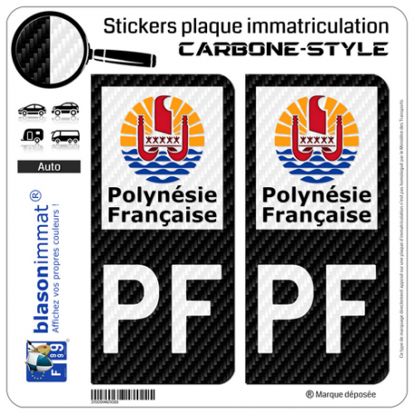 2 Stickers plaque immatriculation Auto PF Polynésie Française - COM Carbone-Style