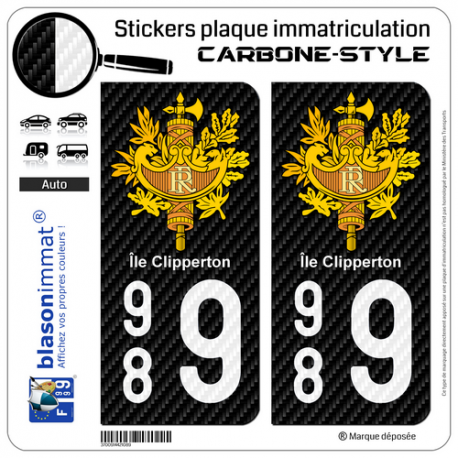 2 Stickers plaque immatriculation Auto 989 Île Clipperton - COM Carbone-Style