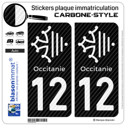 2 Stickers plaque immatriculation Auto 12 Occitanie Croix - Carbone-Style