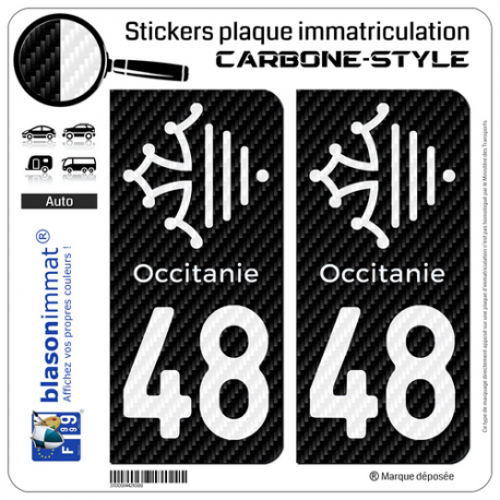 2 Stickers plaque immatriculation Auto 48 Occitanie Croix - Carbone-Style