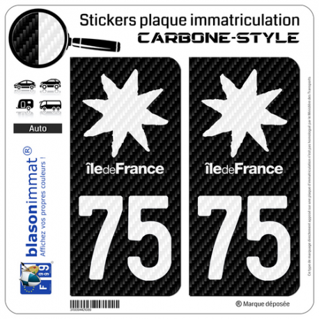 2 Stickers plaque immatriculation Auto 75 Île-de-France - Black Carbone-Style