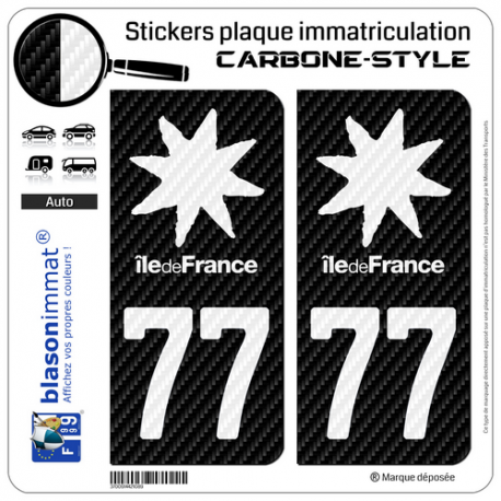 2 Stickers plaque immatriculation Auto 77 Île-de-France - Black Carbone-Style