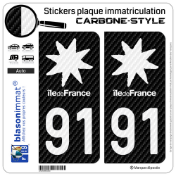 2 Stickers plaque immatriculation Auto 91 Île-de-France - Black Carbone-Style