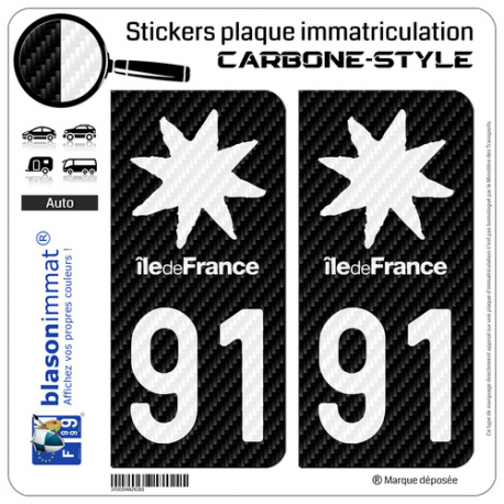 2 Stickers plaque immatriculation Auto 91 Île-de-France - Black Carbone-Style