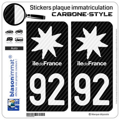 2 Stickers plaque immatriculation Auto 92 Île-de-France - Black Carbone-Style