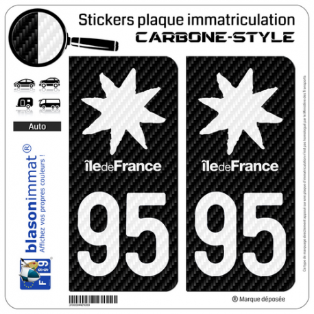 2 Stickers plaque immatriculation Auto 95 Île-de-France - Black Carbone-Style