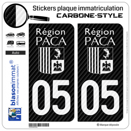 2 Stickers plaque immatriculation Auto 05 PACA - White Carbone-Style