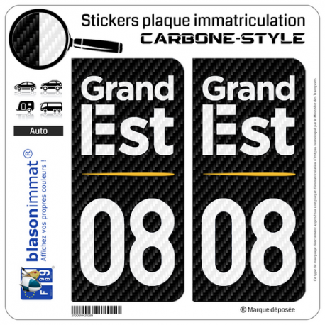 2 Stickers plaque immatriculation Auto 08 Grand Est - Région Carbone-Style