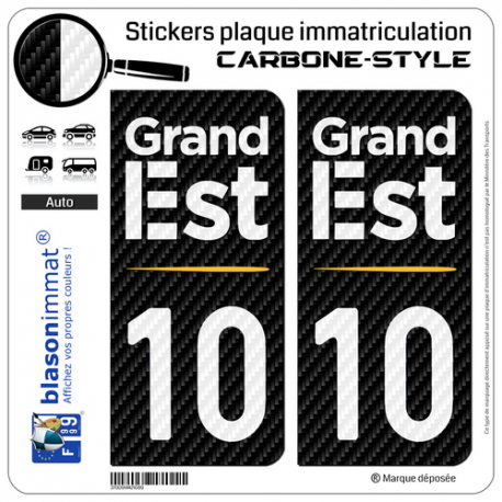 2 Stickers plaque immatriculation Auto 10 Grand Est - Région Carbone-Style