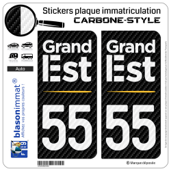 2 Stickers plaque immatriculation Auto 55 Grand Est - Région Carbone-Style