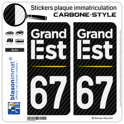 2 Stickers plaque immatriculation Auto 67 Grand Est - Région Carbone-Style