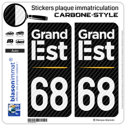 2 Stickers plaque immatriculation Auto 68 Grand Est - Région Carbone-Style