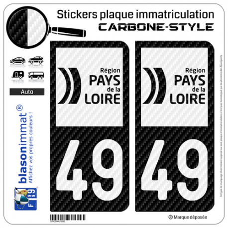 2 Stickers plaque immatriculation Auto 49 Pays de la Loire - LT bi-ton Carbone-Style