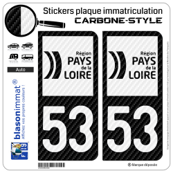 2 Stickers plaque immatriculation Auto 53 Pays de la Loire - LT bi-ton Carbone-Style