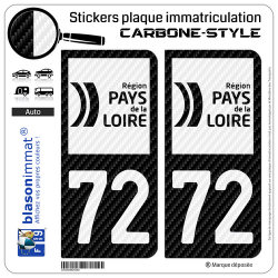 2 Stickers plaque immatriculation Auto 72 Pays de la Loire - LT bi-ton Carbone-Style