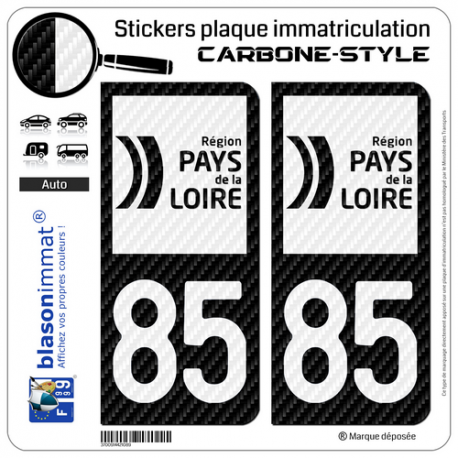 2 Stickers plaque immatriculation Auto 85 Pays de la Loire - LT bi-ton Carbone-Style