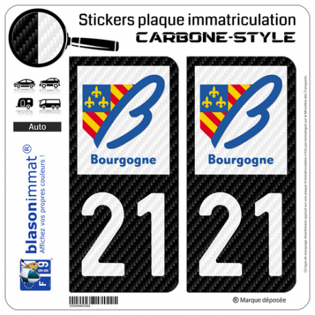 2 Stickers plaque immatriculation Auto 21 Bourgogne - LT Carbone-Style