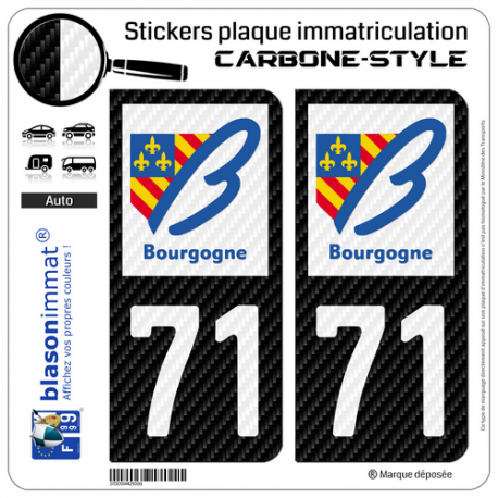 2 Stickers plaque immatriculation Auto 71 Bourgogne - LT Carbone-Style