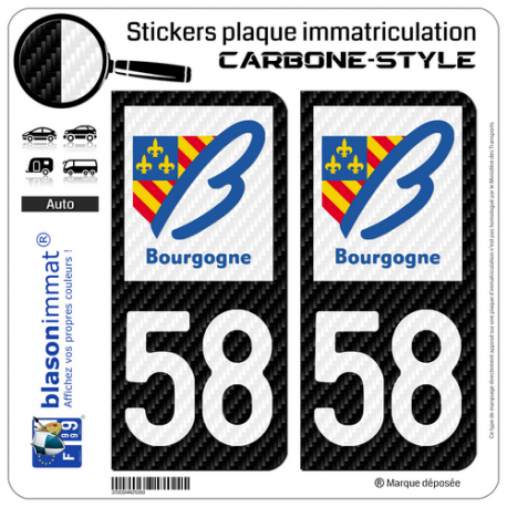 2 Stickers plaque immatriculation Auto 58 Bourgogne - LT Carbone-Style