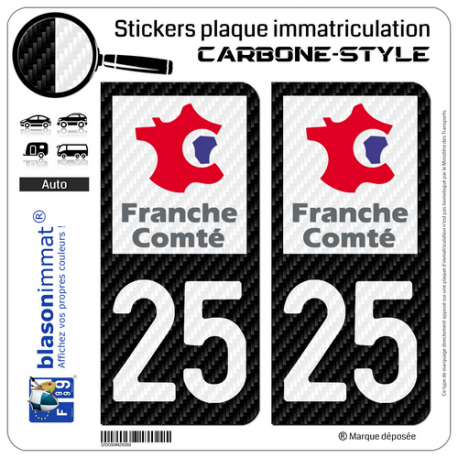 2 Stickers plaque immatriculation Auto 25 Franche-Comté - LT Carbone-Style