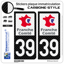 2 Stickers plaque immatriculation Auto 39 Franche-Comté - LT Carbone-Style