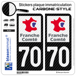 2 Stickers plaque immatriculation Auto 70 Franche-Comté - LT Carbone-Style