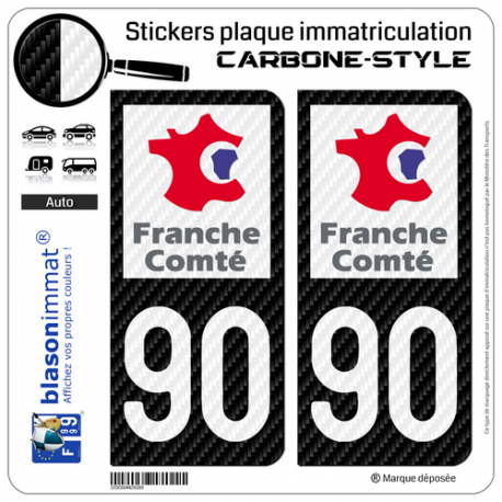 2 Stickers plaque immatriculation Auto 90 Franche-Comté - LT Carbone-Style