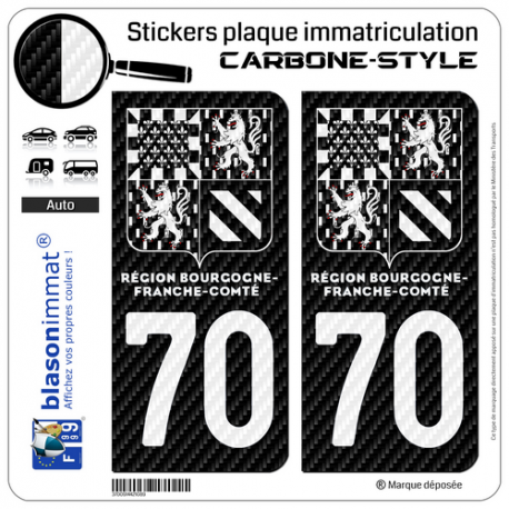 2 Stickers plaque immatriculation Auto 70 Bourgogne-Franche-Comté - LT II bi-ton Carbone-Style