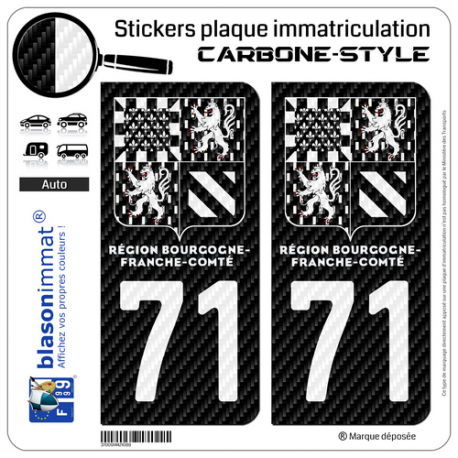 2 Stickers plaque immatriculation Auto 71 Bourgogne-Franche-Comté - LT II bi-ton Carbone-Style