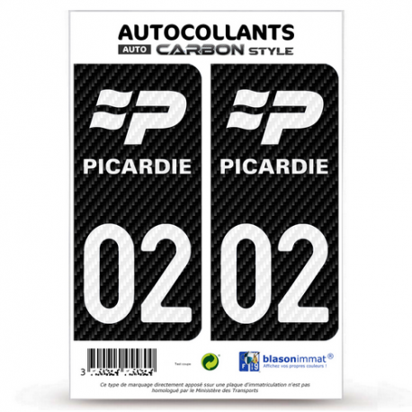 2 Stickers plaque immatriculation Auto 02 Picardie - LT Carbone-Style