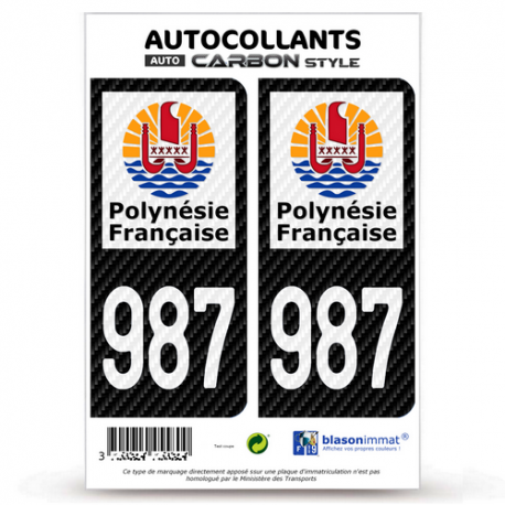 2 Stickers plaque immatriculation Auto 987-H Polynésie Française - COM Carbone-Style